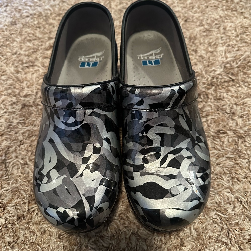 Dansko Black & Silver Abstract Slip-On Clogs